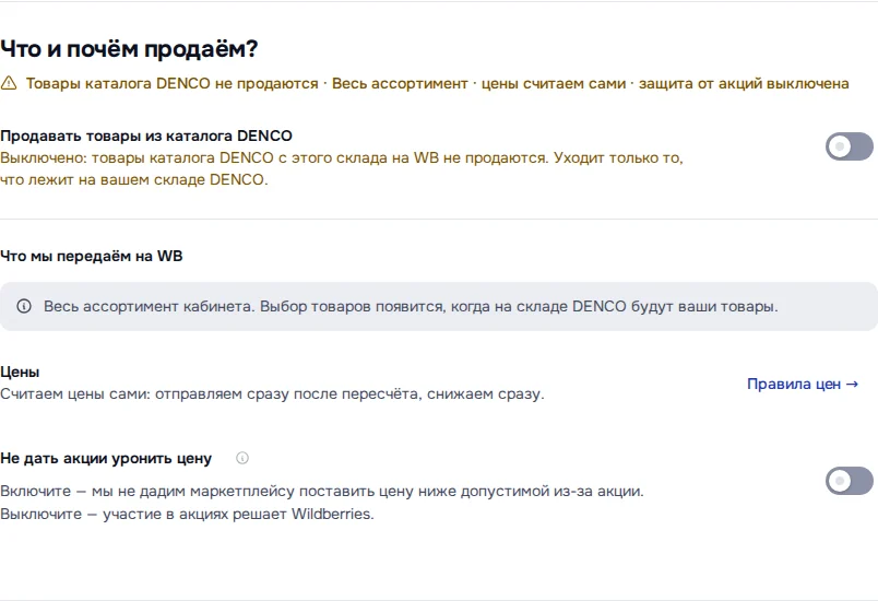Экран DENCO: Глава «Цены и акции»