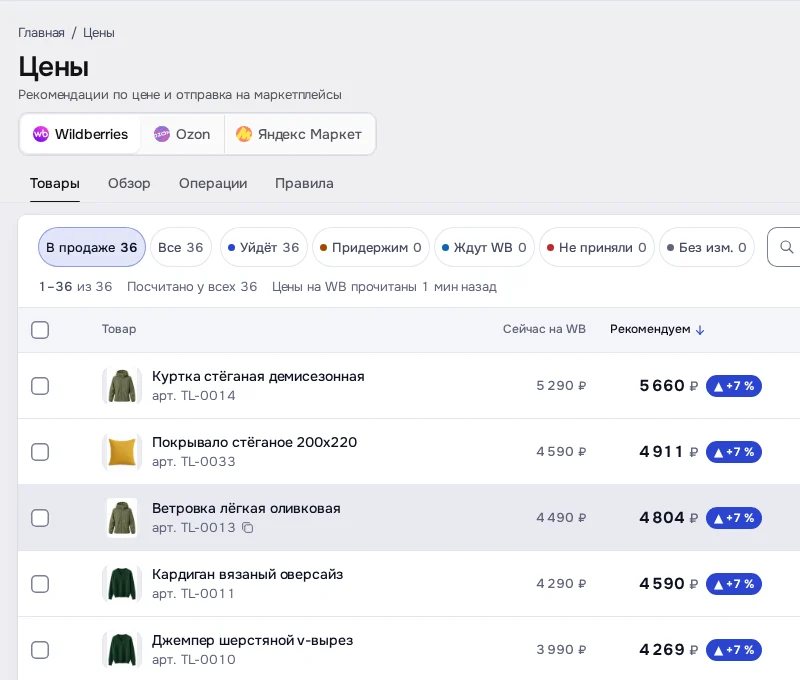 Экран DENCO: Рекомендованная цена по каждой карточке.