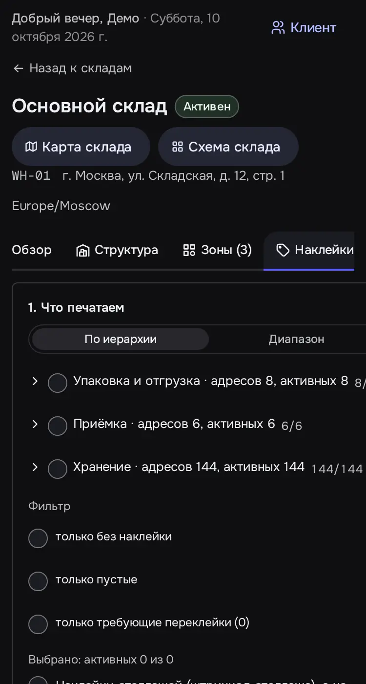 Снимок экрана: Вкладка «Наклейки»: «1. Что печатаем», «2. Формат», пустой предпросмотр