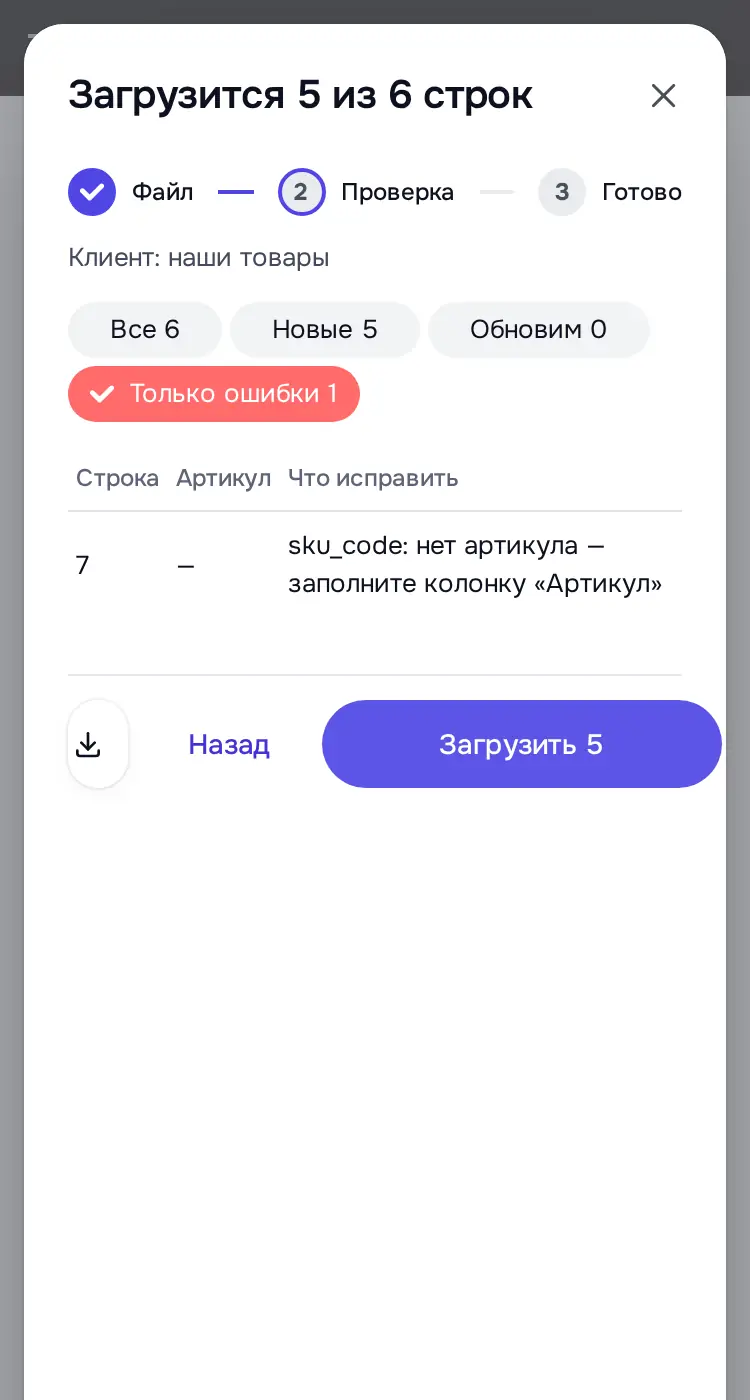 Снимок экрана: Шаг «Проверка»: «Загрузится 5 из 6 строк», «Только ошибки 1» (не загружено)