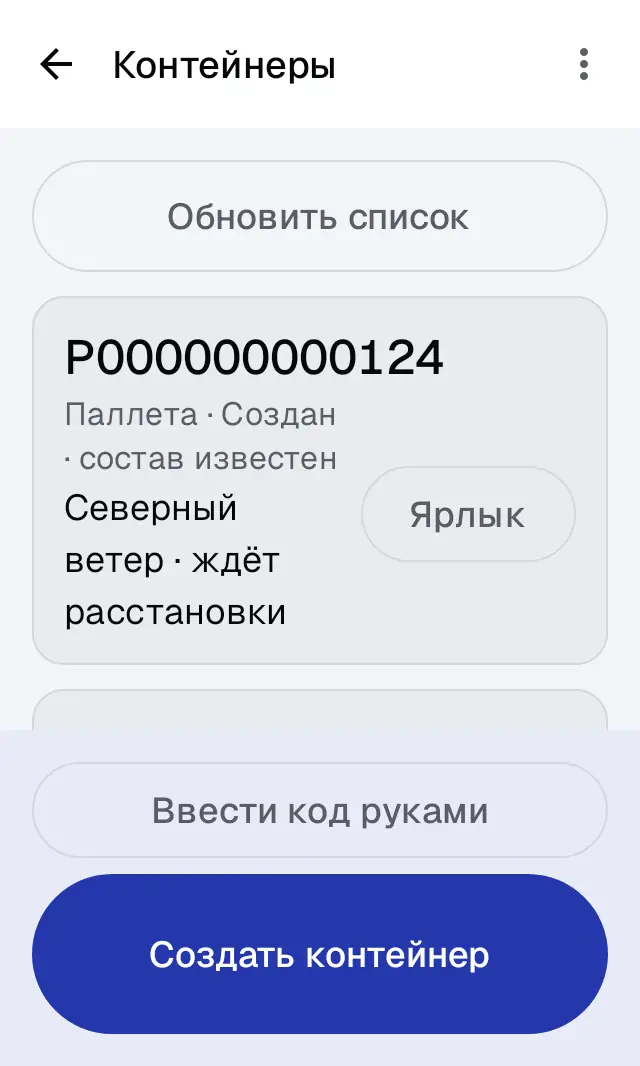 Снимок экрана: Контейнеры: ярлыки B… (короб) и P… (паллета)